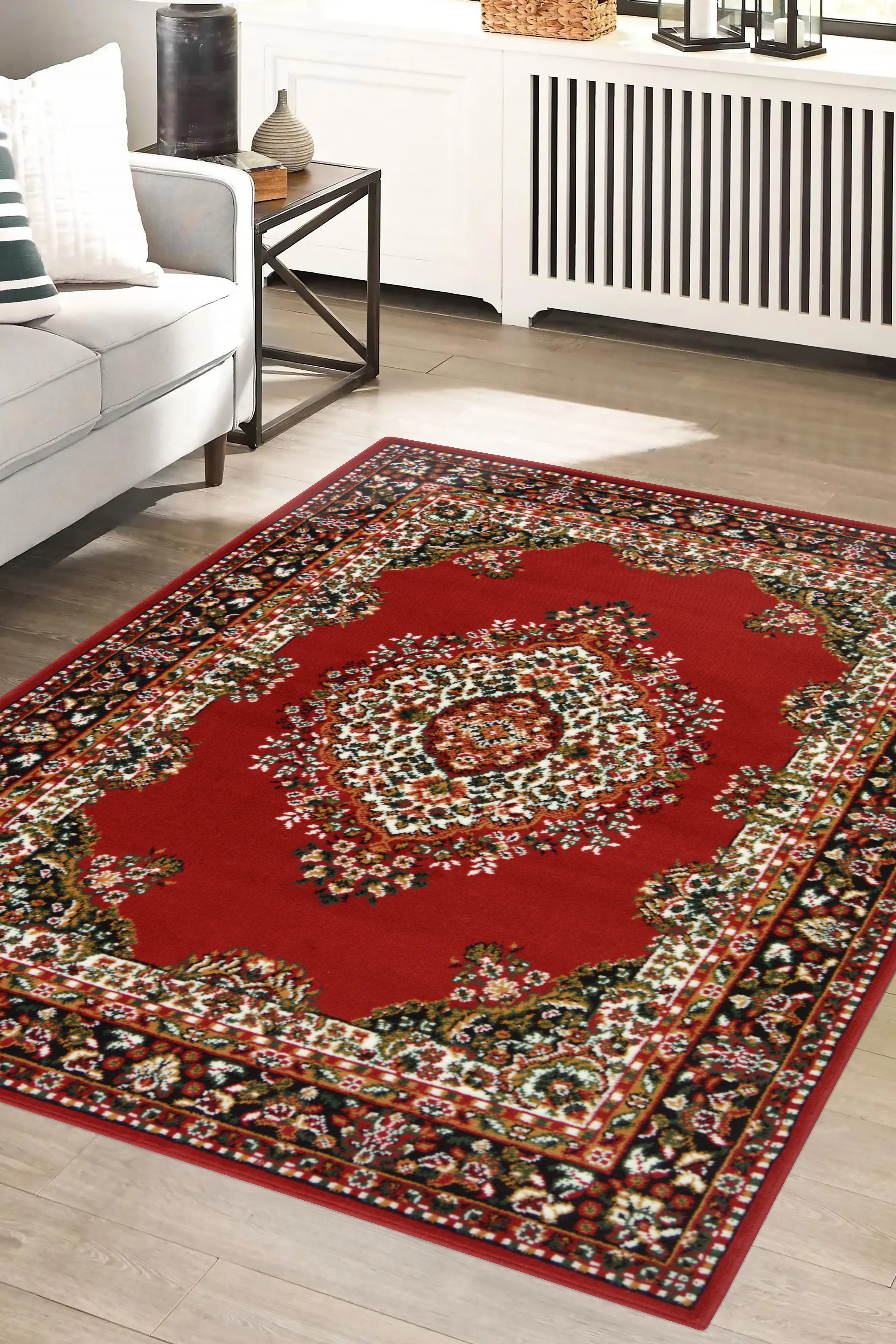 Maestro Traditional Rug – Red & Grey, Multiple Sizes, Hard-Wearing Polypropylene