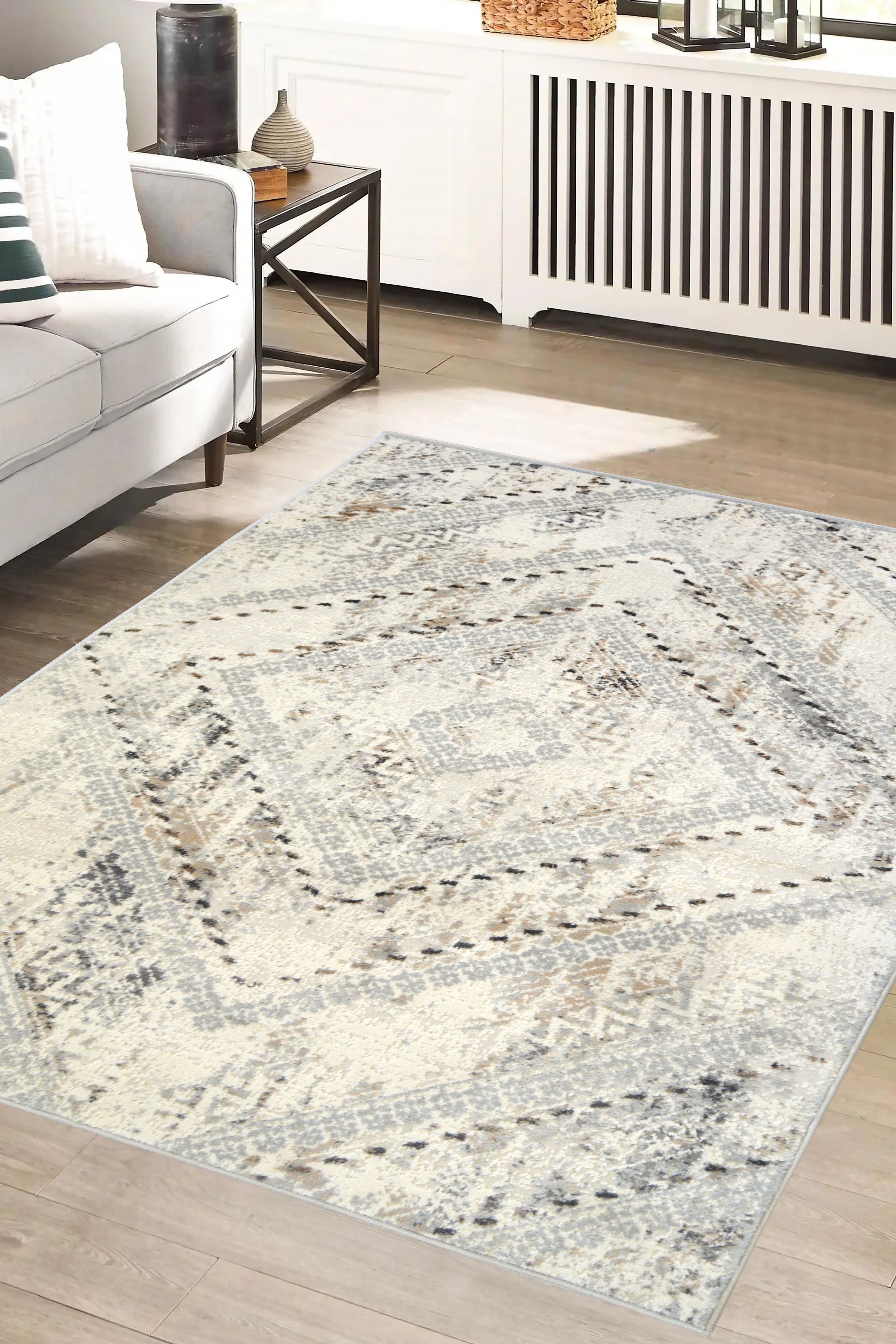 Abstract Burst - Grey & Ochre Rug for Chic Living Spaces