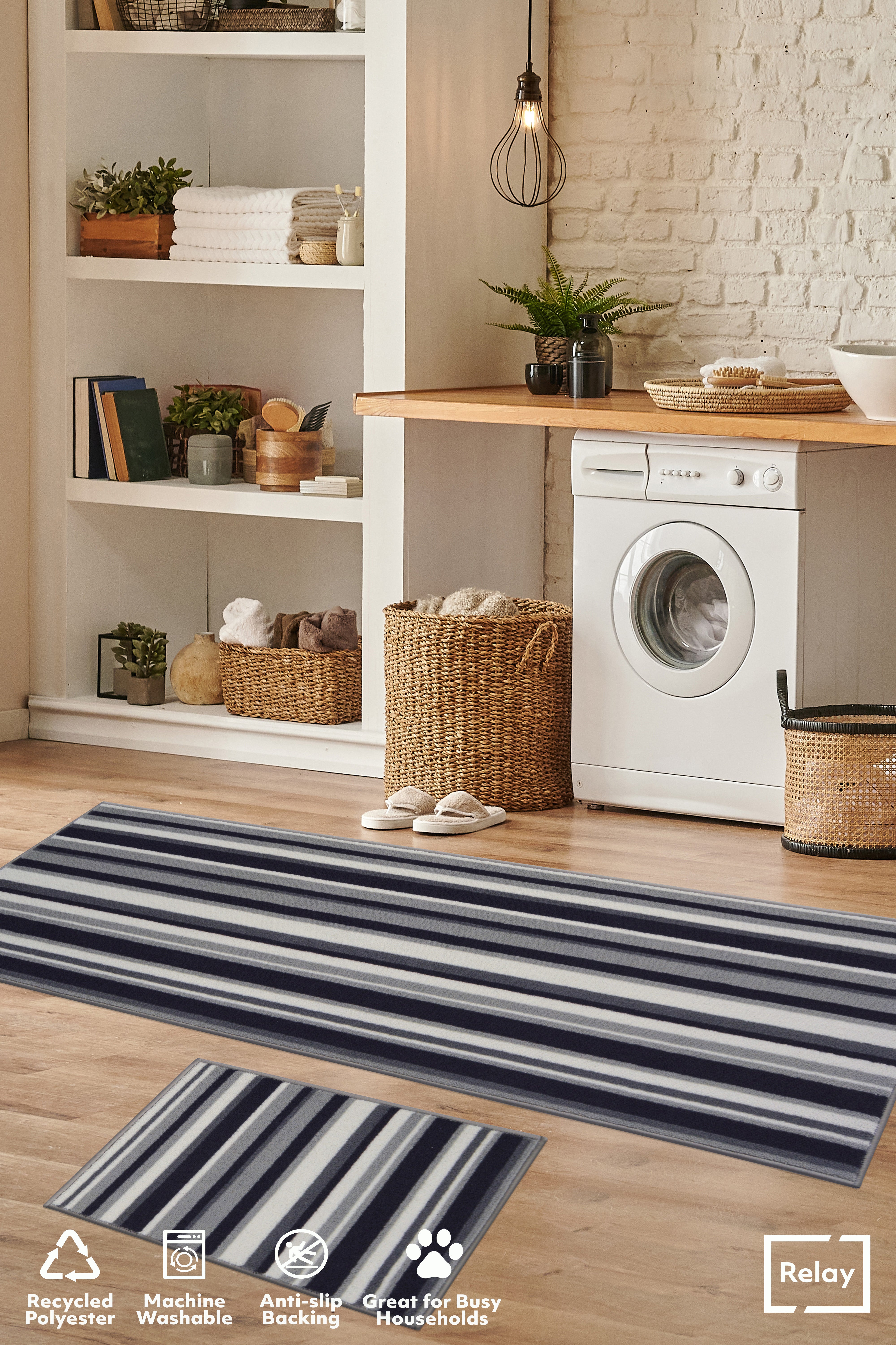 Deco Stripe Anthracite Runner Rug – Machine Washable, Non-Slip, 100% Recycled Polyester