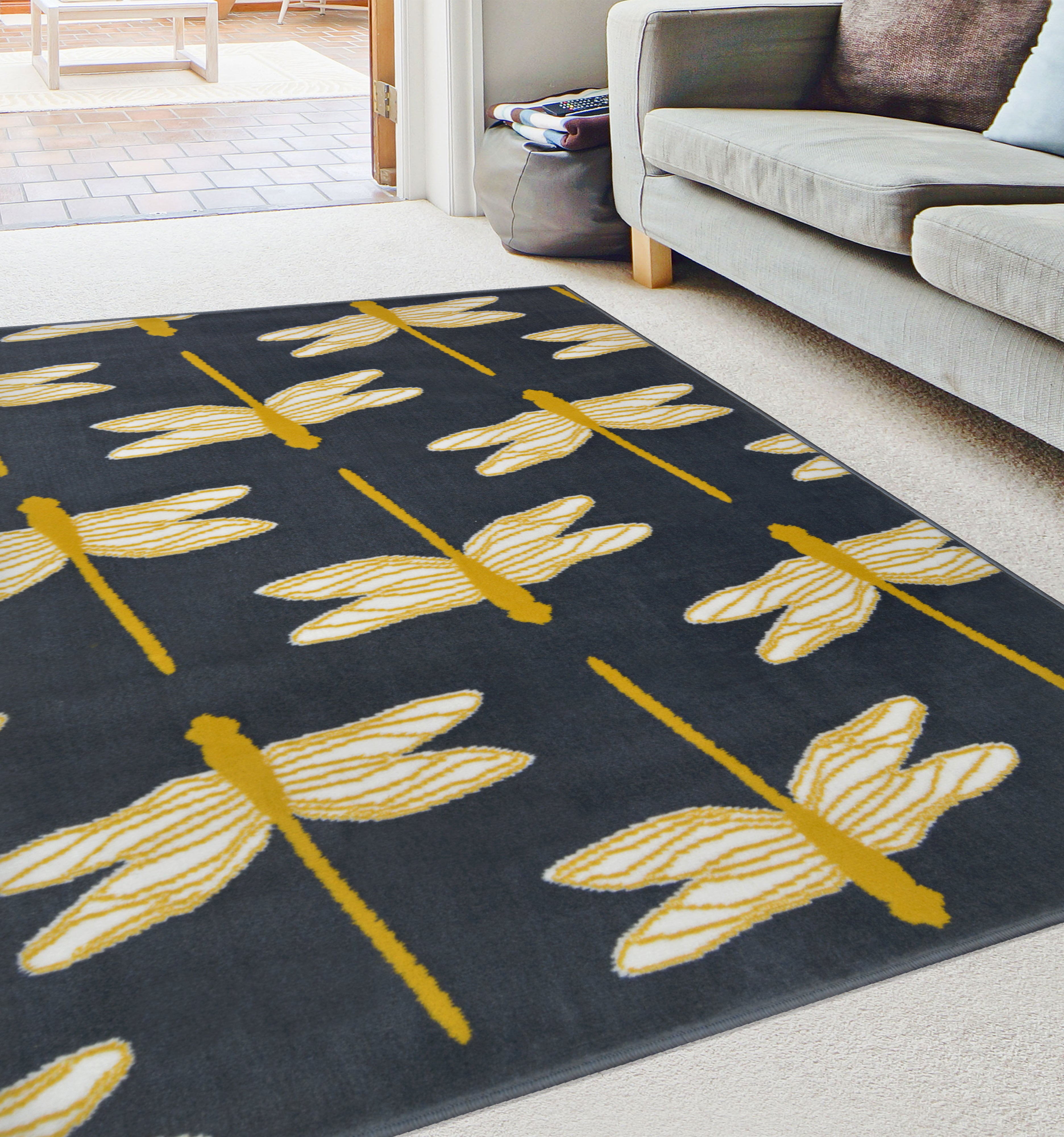 Maestro Dragonfly Charcoal & Silver Grey Rug – Contemporary Polypropylene Rug for Indoor Use, Various Sizes