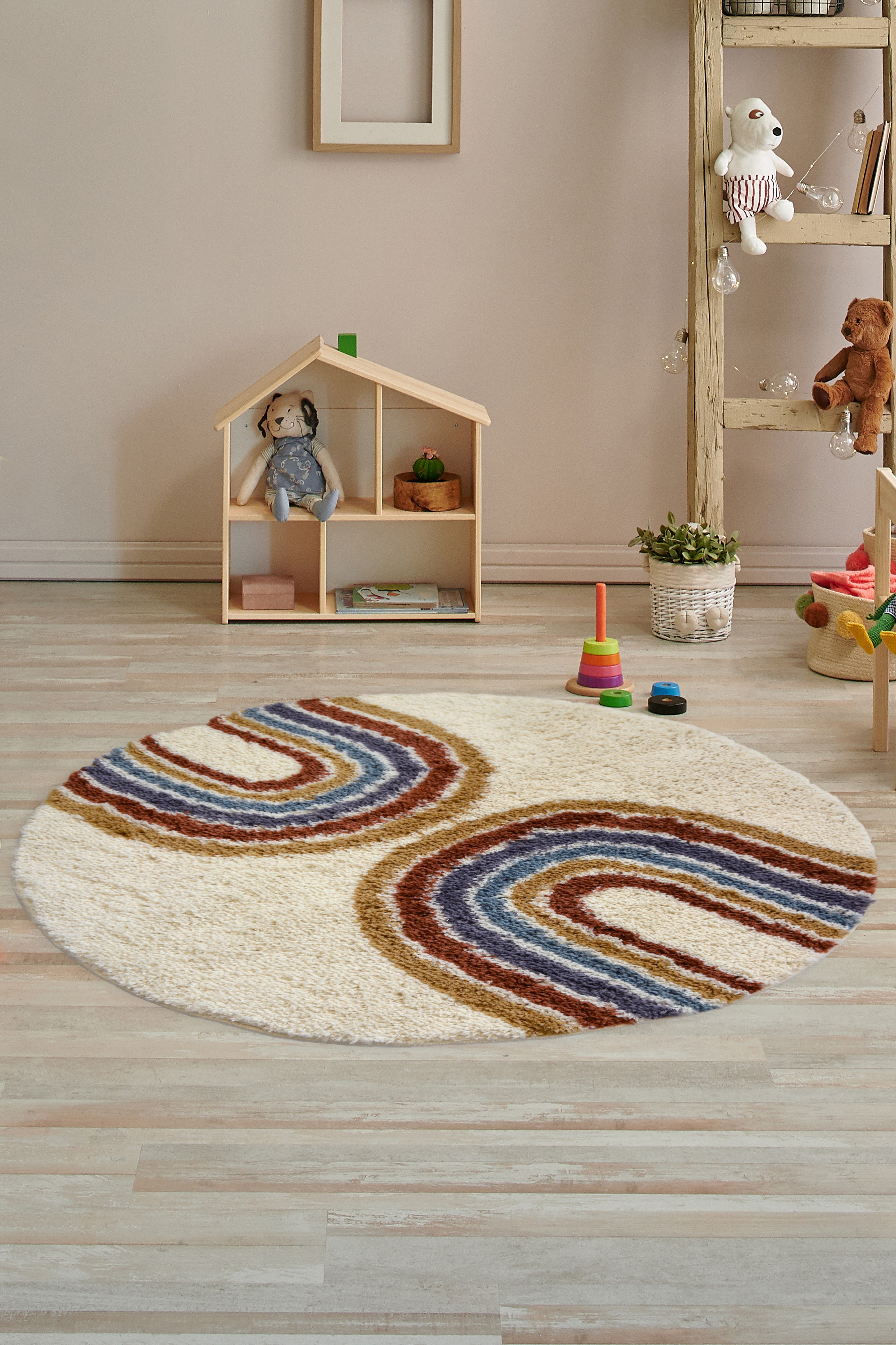 SNUG Rainbow - Round Shaggy Rainbow Rug in Soft Ivory & Earth Tones
